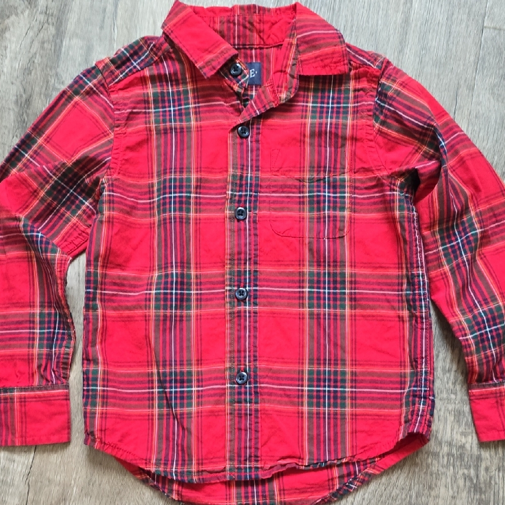 Children's Place Boy's Red Plaid Button-Down Shirt with Chest Pocket - Size 4